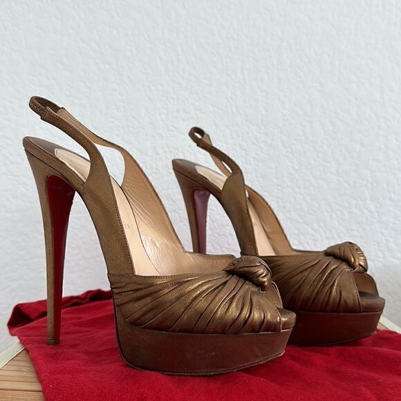 Christian Louboutin Peep Toe Golden Glam Bronze Leather Red Bottom Heels 40.5 - Picture 3 of 10